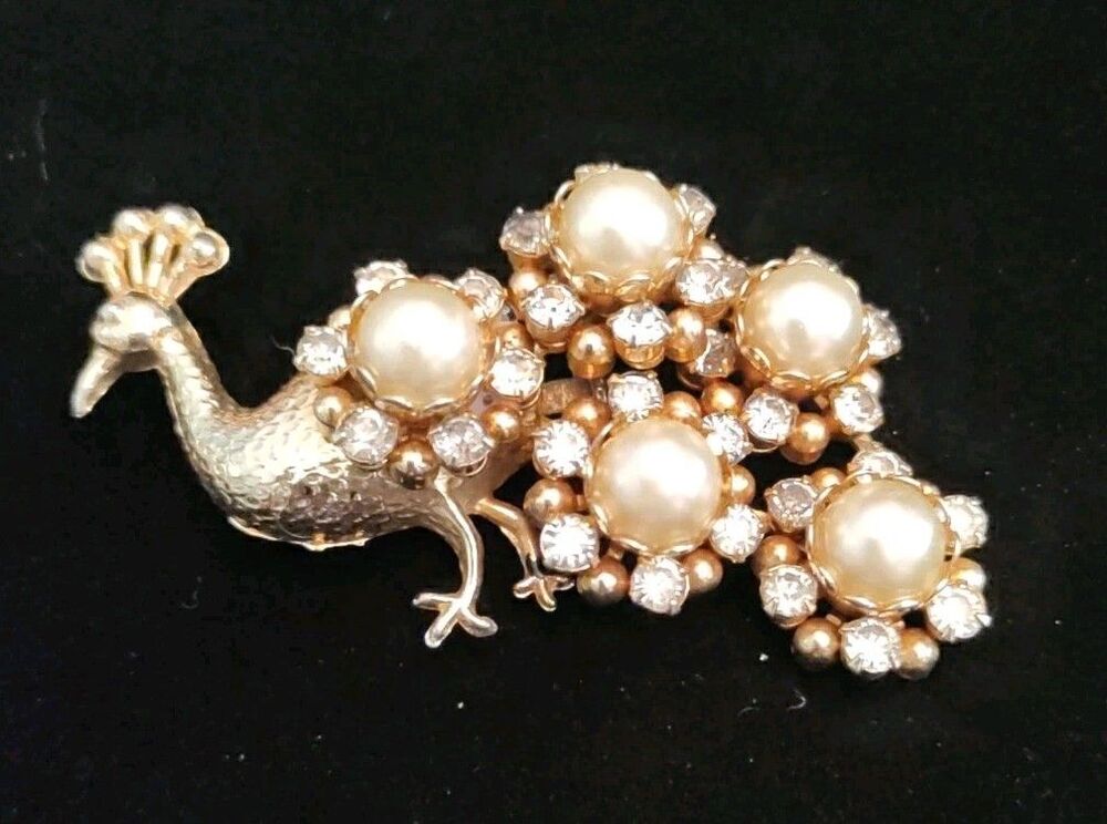 Gold Tone Peacock Brooch W/Rhinestones 2.5" Wide Vintage